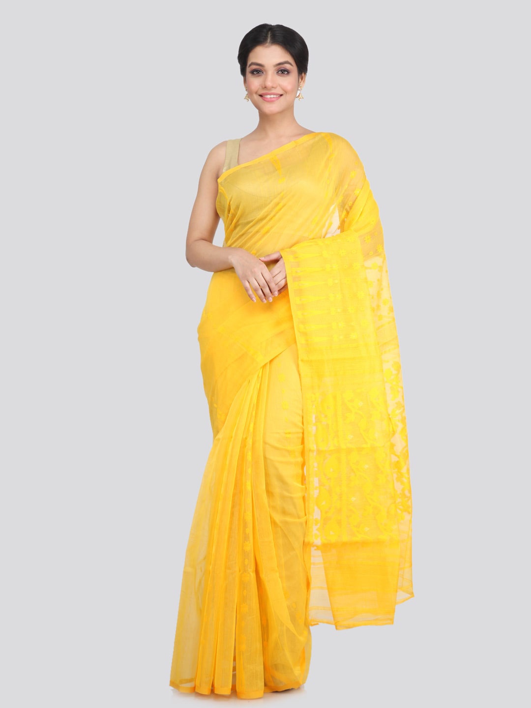 

PinkLoom Floral Woven Design Pure Cotton Jamdani Saree, Yellow