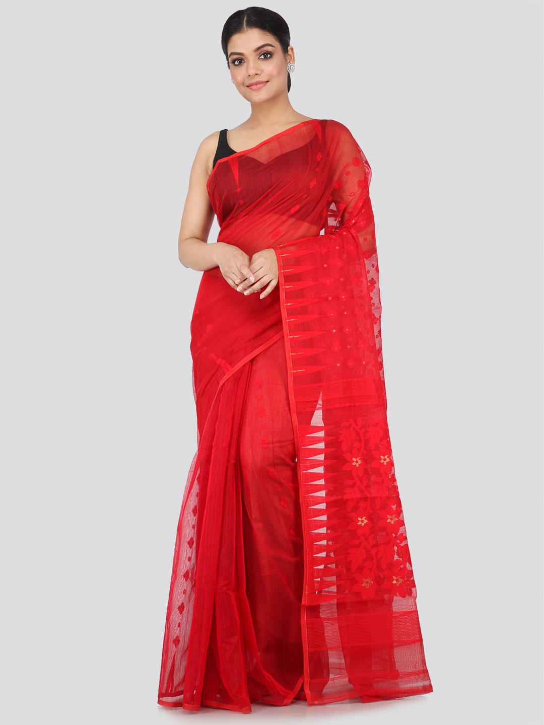 

PinkLoom Floral Woven Design Pure Cotton Jamdani Saree, Red