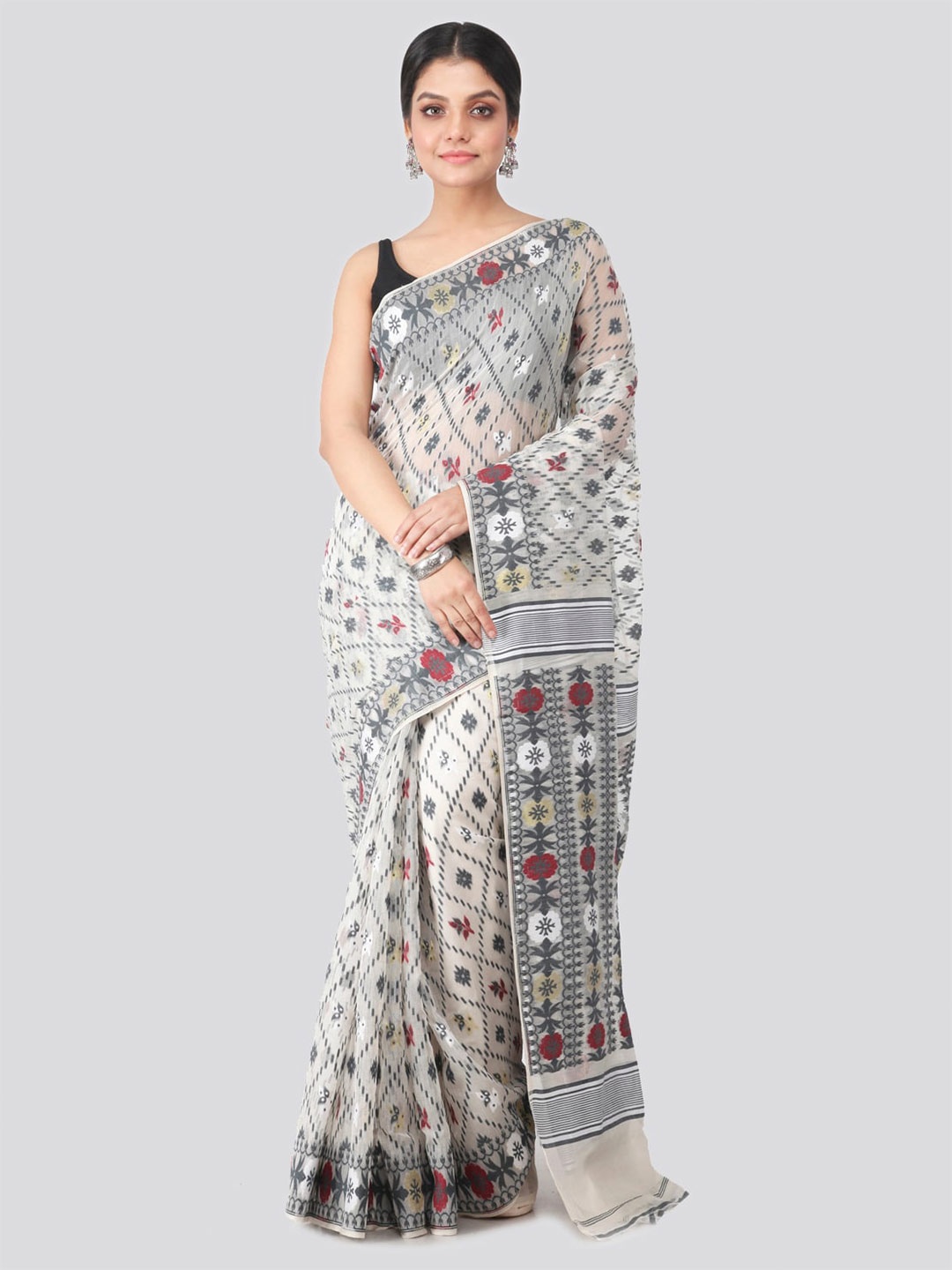 

PinkLoom Floral Woven Design Pure Cotton Jamdani Saree, White