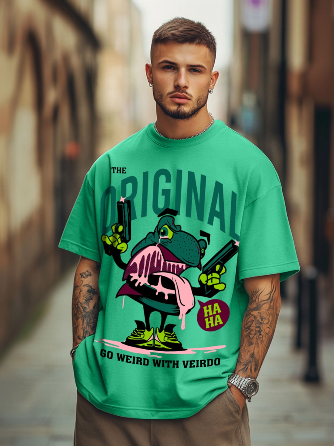

VEIRDO Graphic Printed Round Neck Oversize Cotton T-shirt, Green