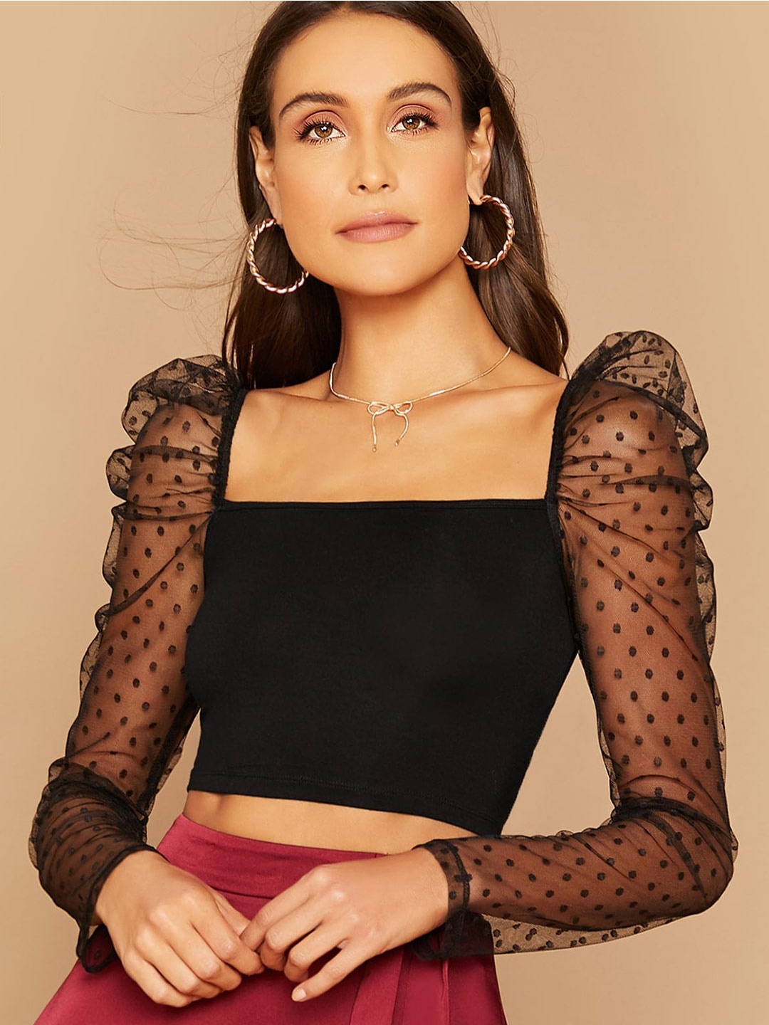 

SHEETAL Associates Square Neck Puff Sleeves Fitted Crop Top, Black