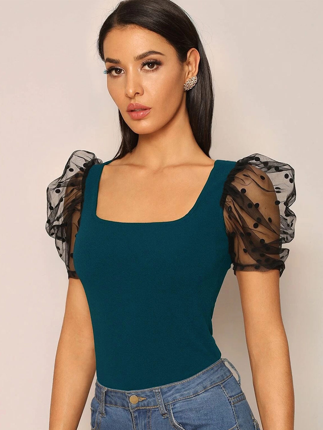 

SHEETAL Associates Square Neck Puff Sleeves Fitted Top, Teal