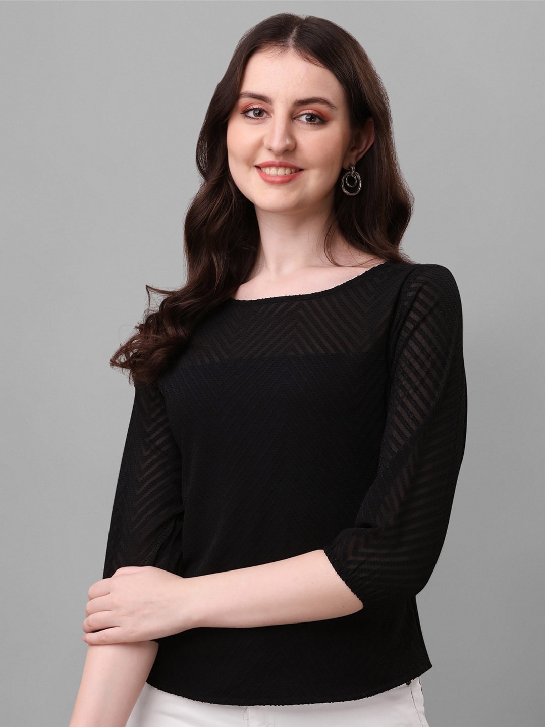 

SHEETAL Associates Self Design Round Neck Top, Black