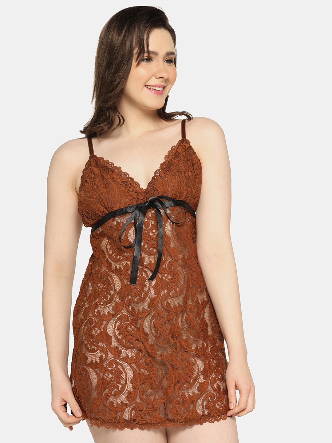 

Da Intimo Women Soft Lace Baby Doll Dress, Brown