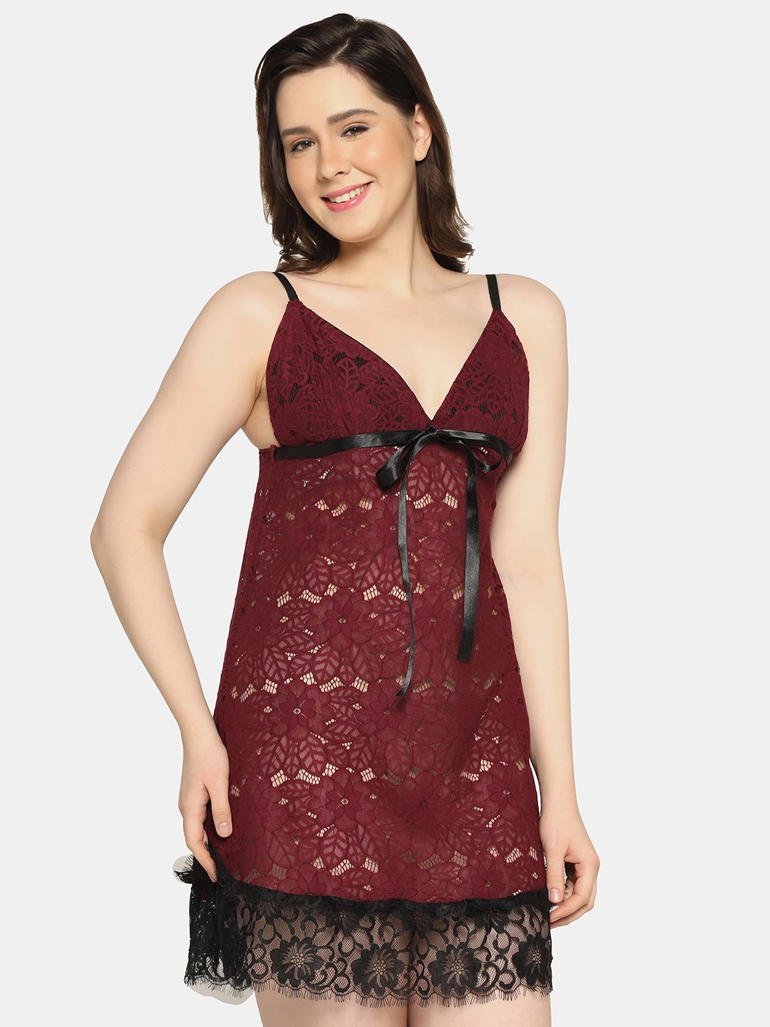 

Da Intimo Self Design Soft Lace Shoulder Straps Baby Doll, Maroon