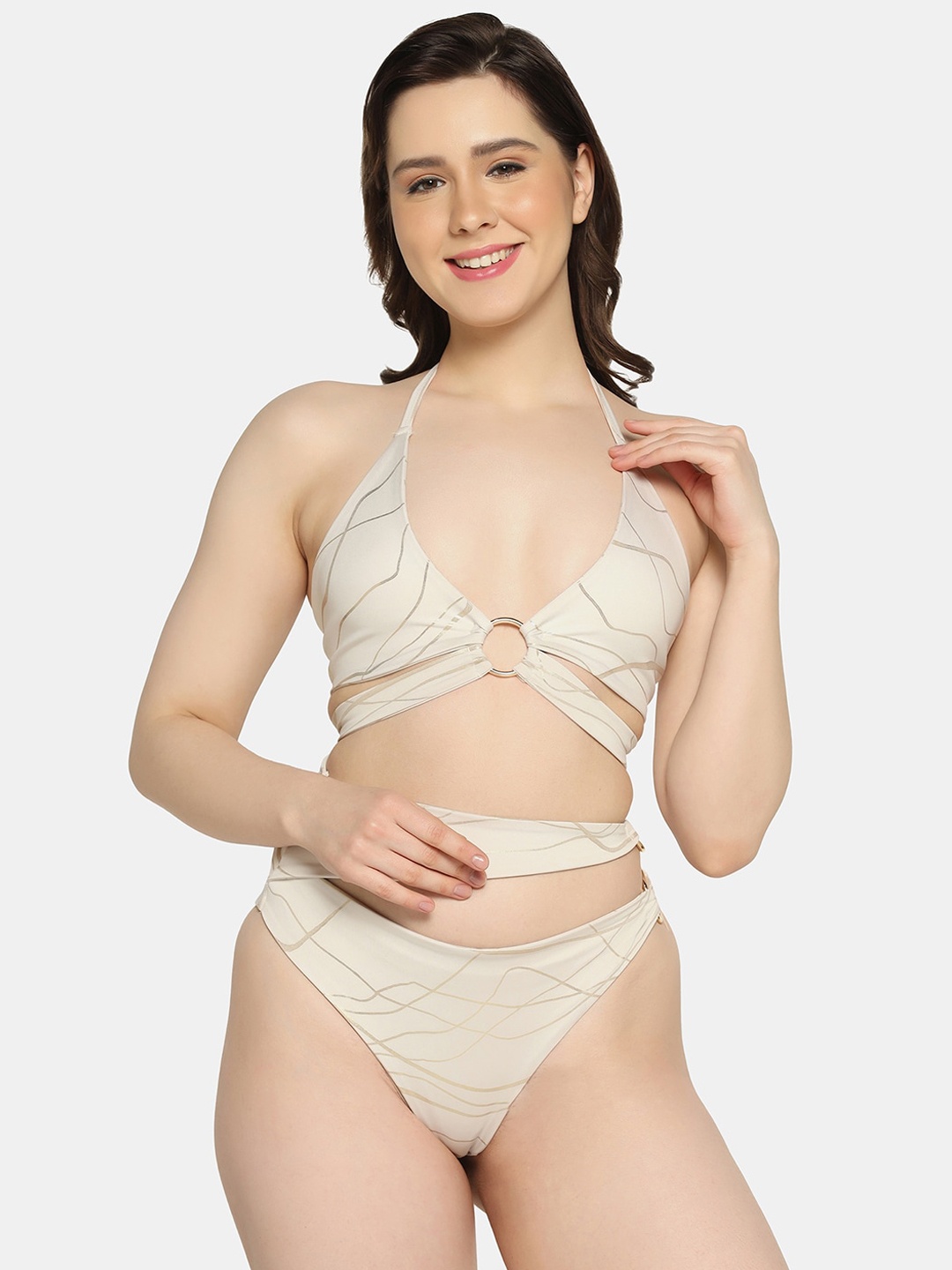 

Da Intimo Halter Neck Printed Cut-Out Swimsuit, Beige