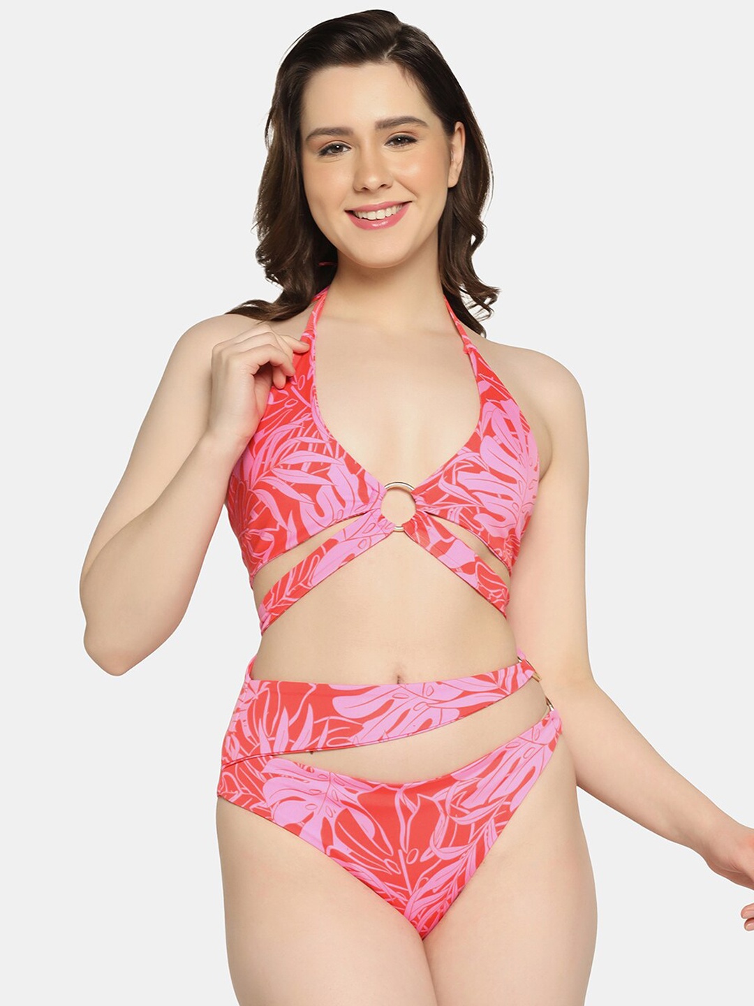 

Da Intimo Printed Halter Neck Cut-Out Swimsuit, Pink