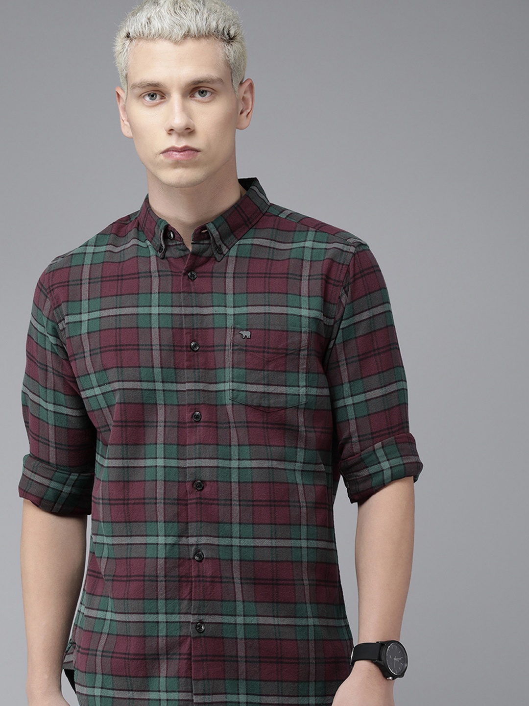 

THE BEAR HOUSE Men Maroon Slim Fit Tartan Checks Checked Casual Shirt