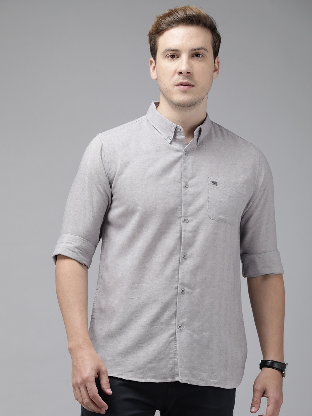 

THE BEAR HOUSE Men Grey Slim Fit Gingham Checks Checked Casual Shirt