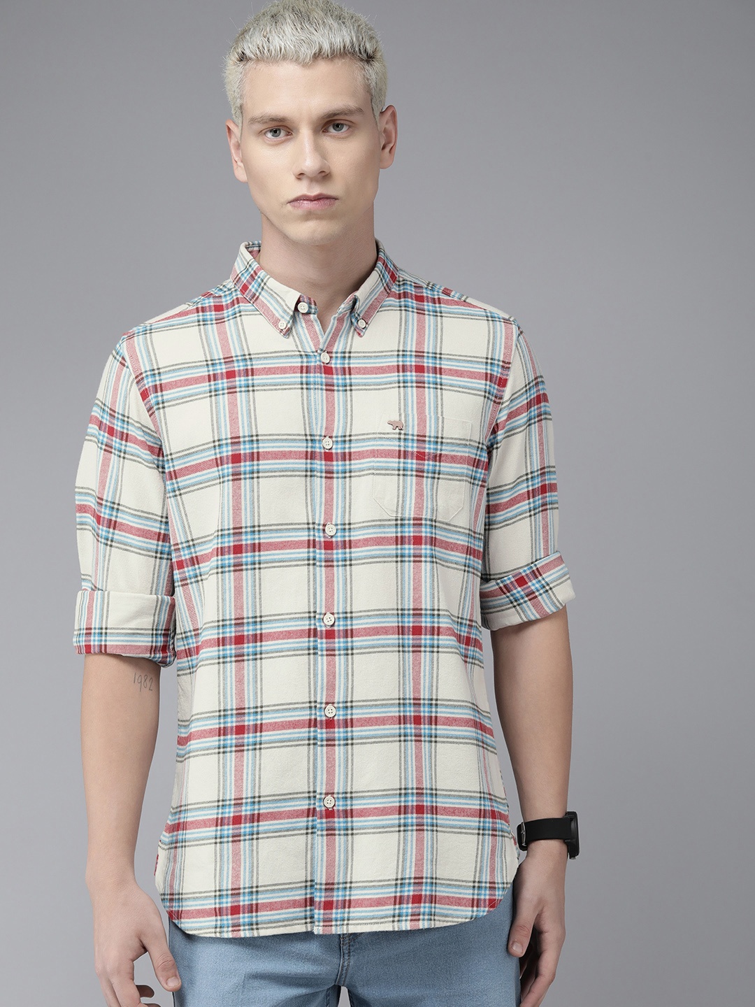 

THE BEAR HOUSE Slim Fit Checked Pure Cotton Casual Shirt, Cream