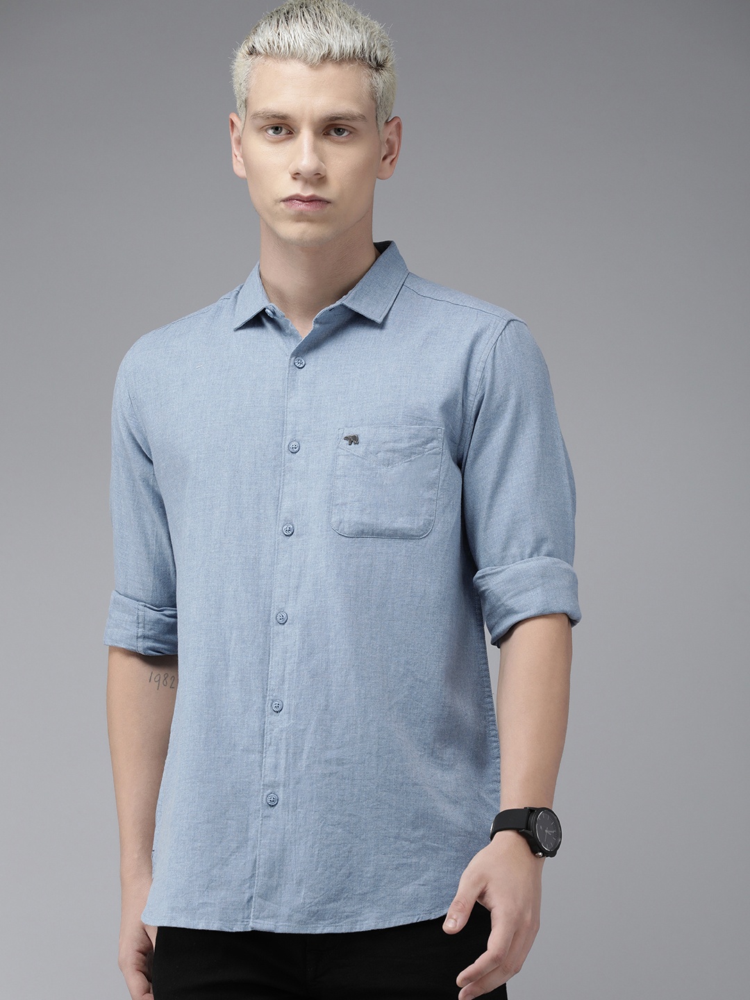 

THE BEAR HOUSE Slim Fit Solid Pure Cotton Casual Shirt, Green