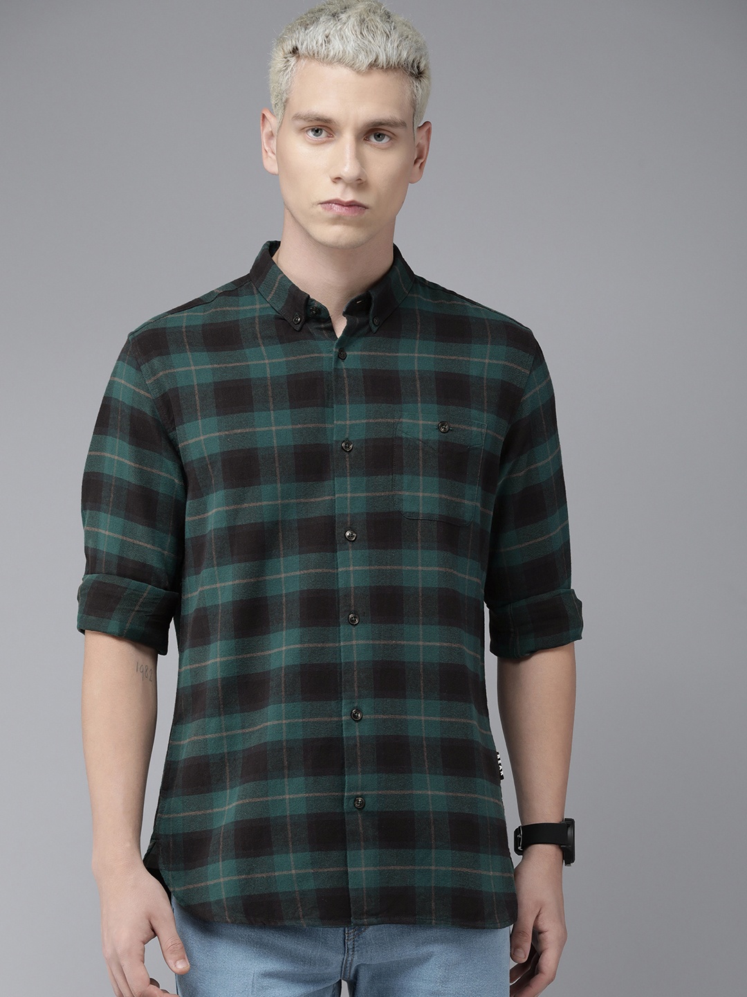 

THE BEAR HOUSE Slim Fit Checked Pure Cotton Casual Shirt, Teal