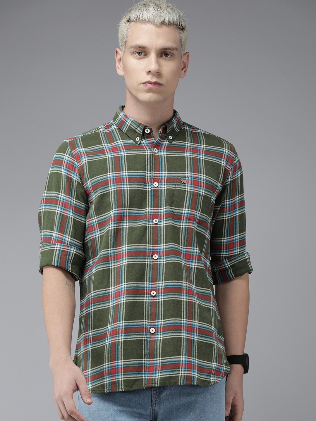 

THE BEAR HOUSE Slim Fit Checked Pure Cotton Casual Shirt, Green