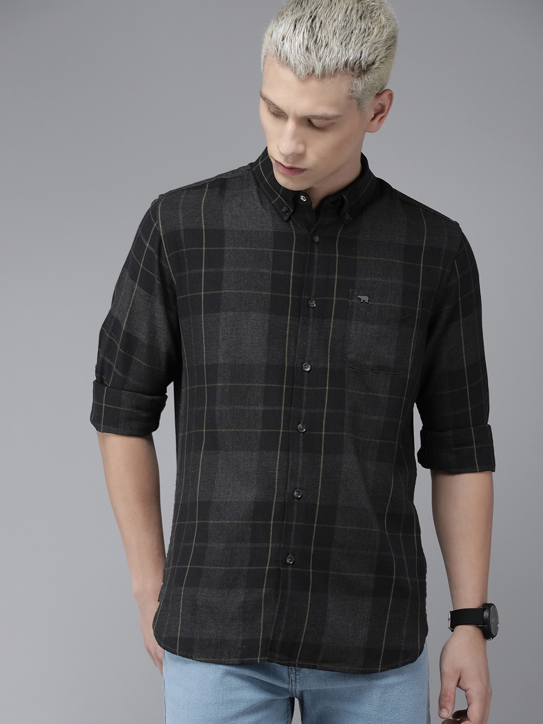 

THE BEAR HOUSE Men Black Slim Fit Tartan Checks Checked Casual Shirt