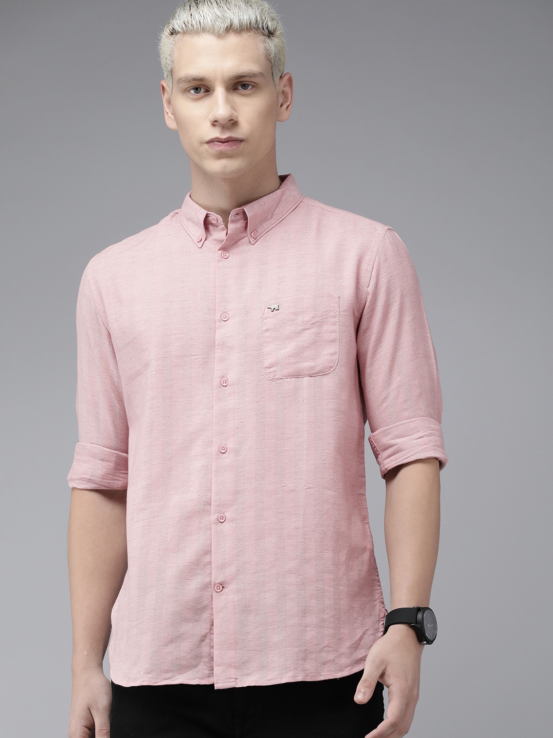

THE BEAR HOUSE Slim Fit Self Design Casual Shirt, Pink