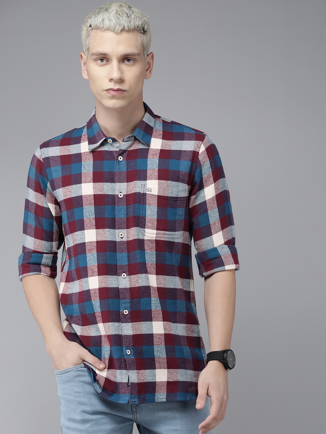 

THE BEAR HOUSE Slim Fit Pure Cotton Casual Shirt, Blue
