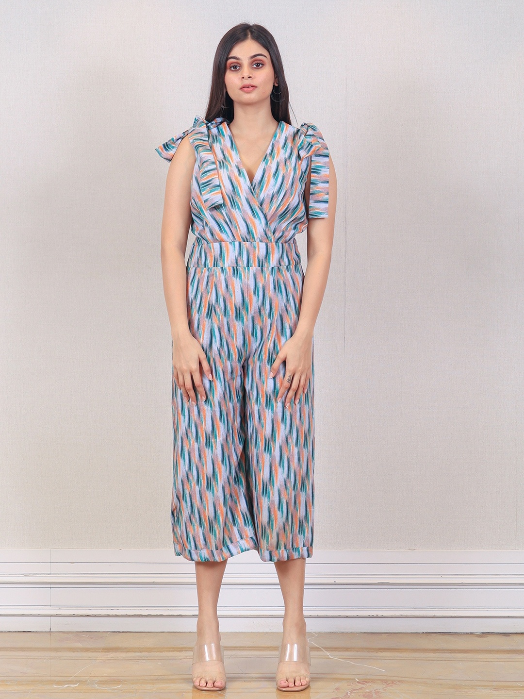 

Simaaya Printed Ruffles Linen Culotte Jumpsuit, Grey