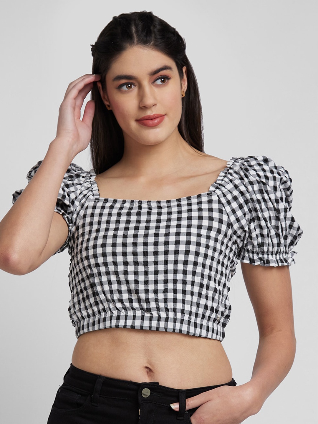 

SPYKAR Checked Square Neck Puff Sleeve Cotton Crop Top, Black