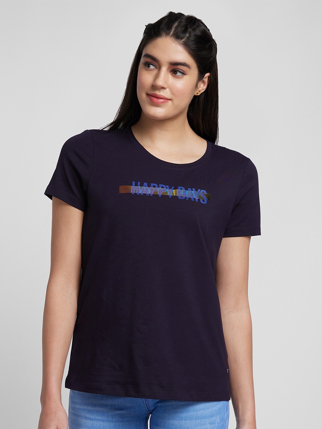 SPYKAR Women Round Neck Short Sleeve Cotton T-shirt, Navy blue