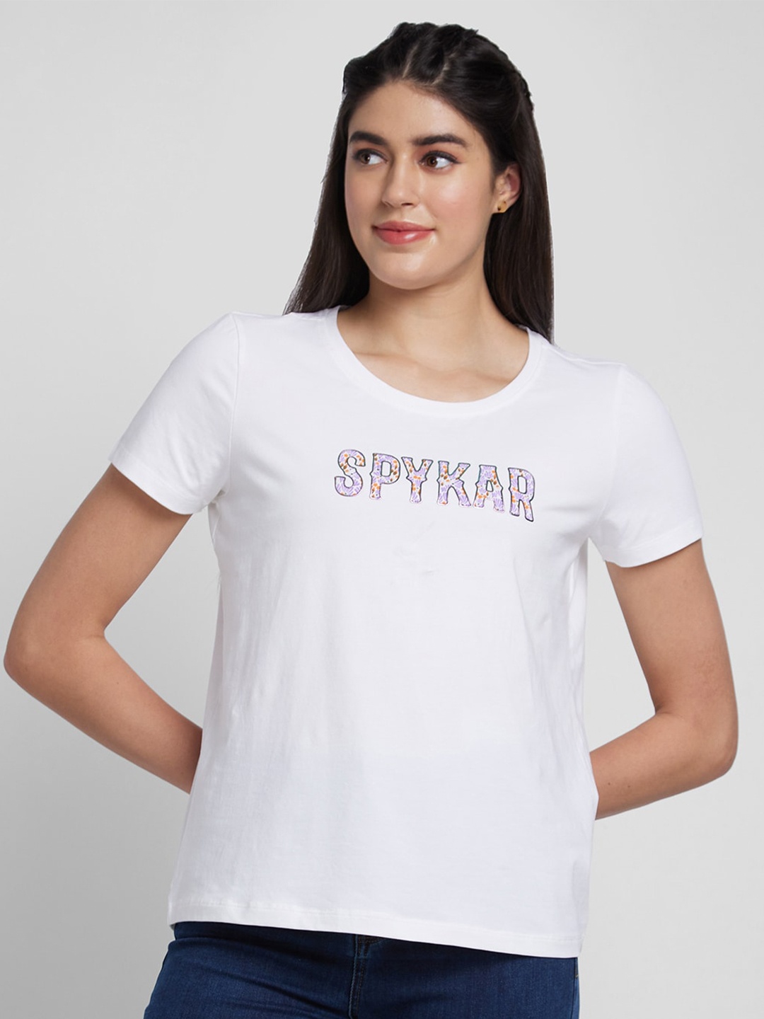 

SPYKAR Round Neck Typography Printed Cotton T-shirt, White