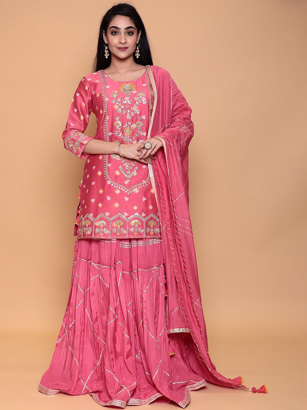 

ZARI Women Pink Ethnic Motifs Embroidered Kurti with Skirt & With Dupatta