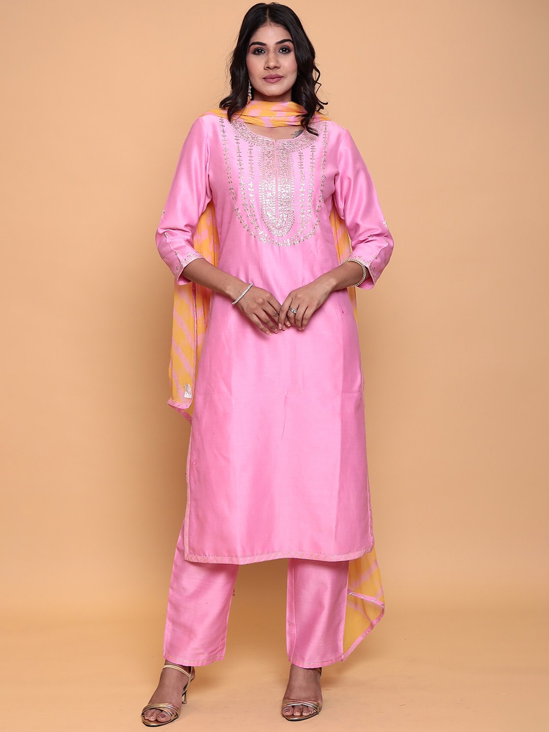 

ZARI Women Yoke Design Gotta Patti Kurta With Trousers & Dupatta, Pink