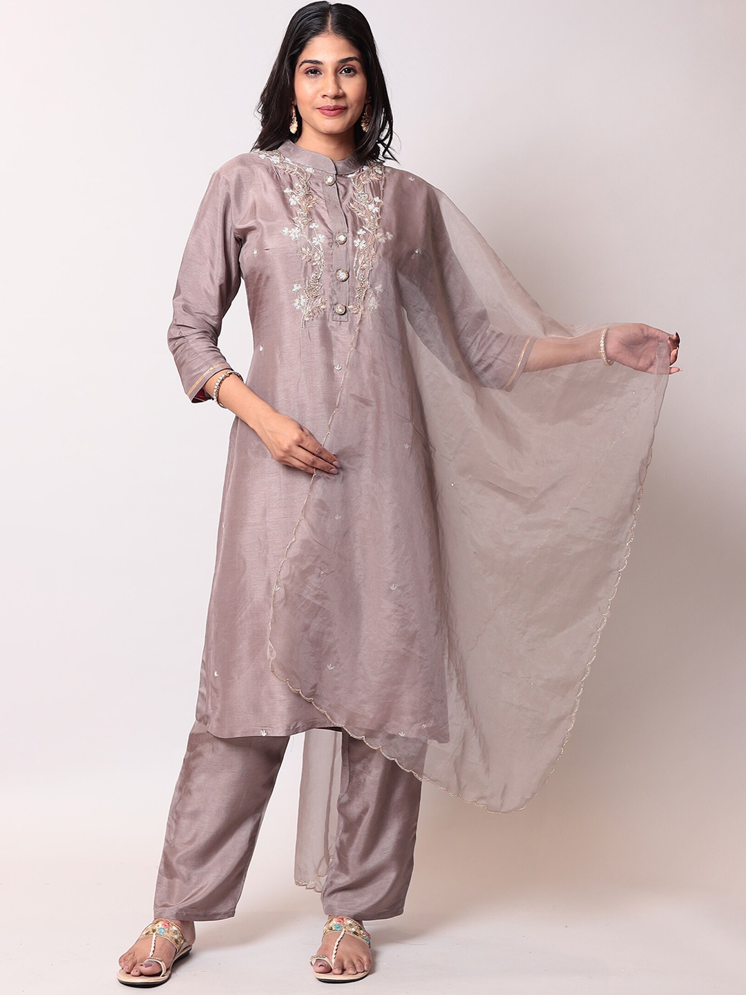 

ZARI Women Brown Beads and Stones Kurta with Trousers & With Dupatta