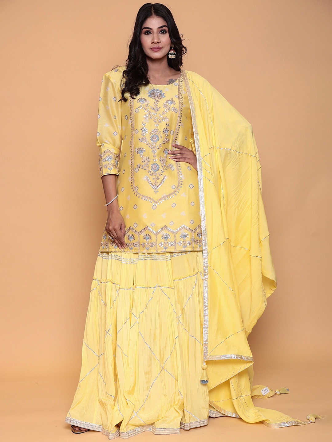 

ZARI Ethnic Motifs Gotta Patti Pure Silk Kurta With Sharara & Dupatta, Yellow