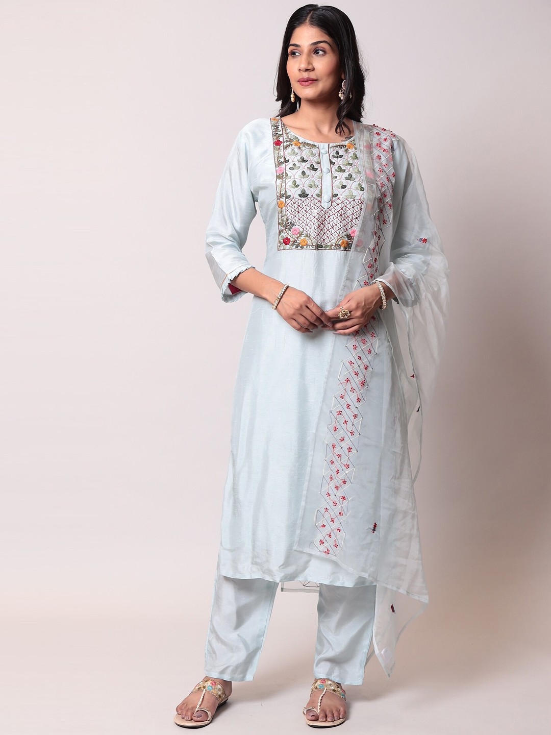 

ZARI Ethnic Motifs Embroidered Kurta With Trousers & Dupatta, Blue