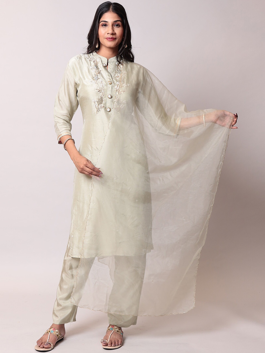 ZARI Floral Embroidered Thread Work Kurta with Trousers & Dupatta, Green