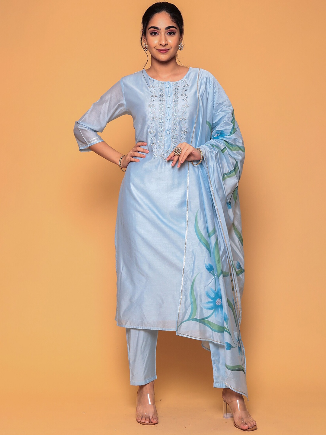 

ZARI Embroidered Kurta with Trousers & Dupatta, Blue