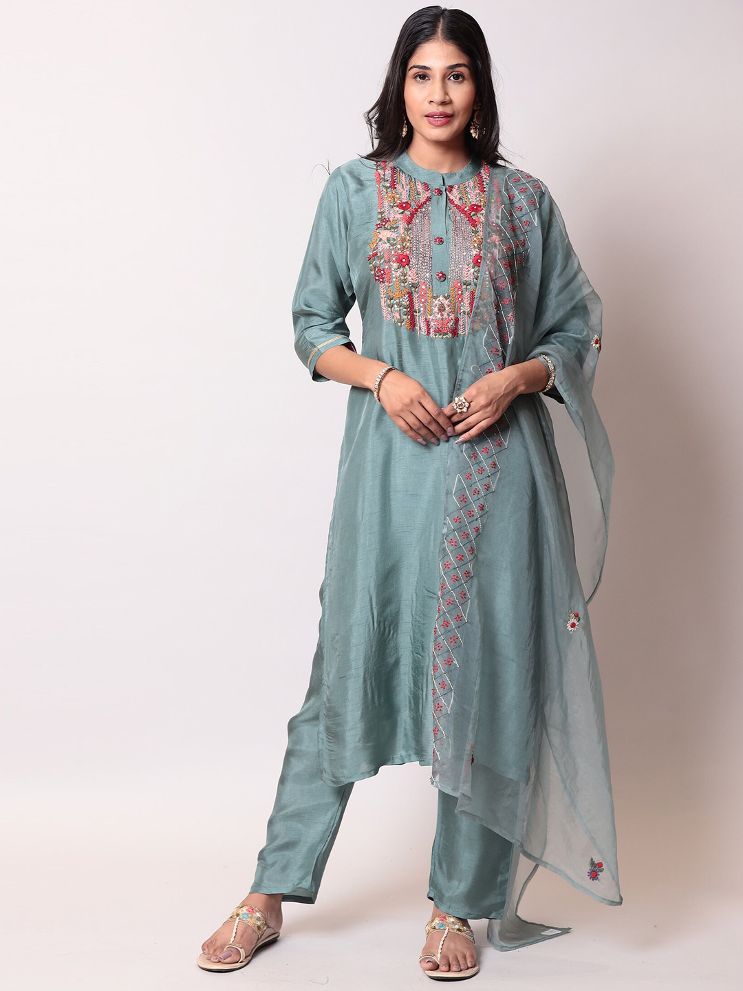 

ZARI Floral Embroidered Kurta With Trousers & Dupatta, Grey
