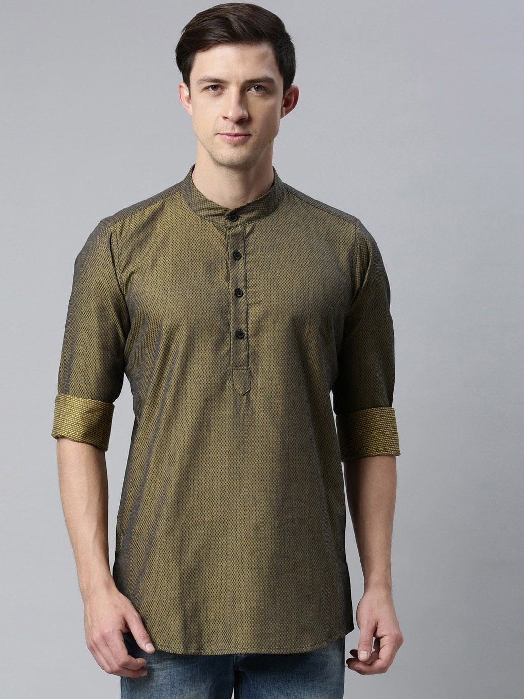 

Cross Court Mandarin Collar Woven Design Cotton Kurta, Olive