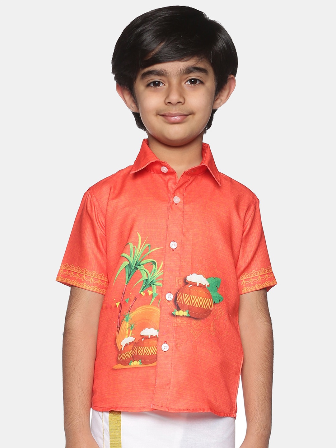 

Sethukrishna Boys Ethnic Motifs Printed Cotton Casual Shirt, Orange