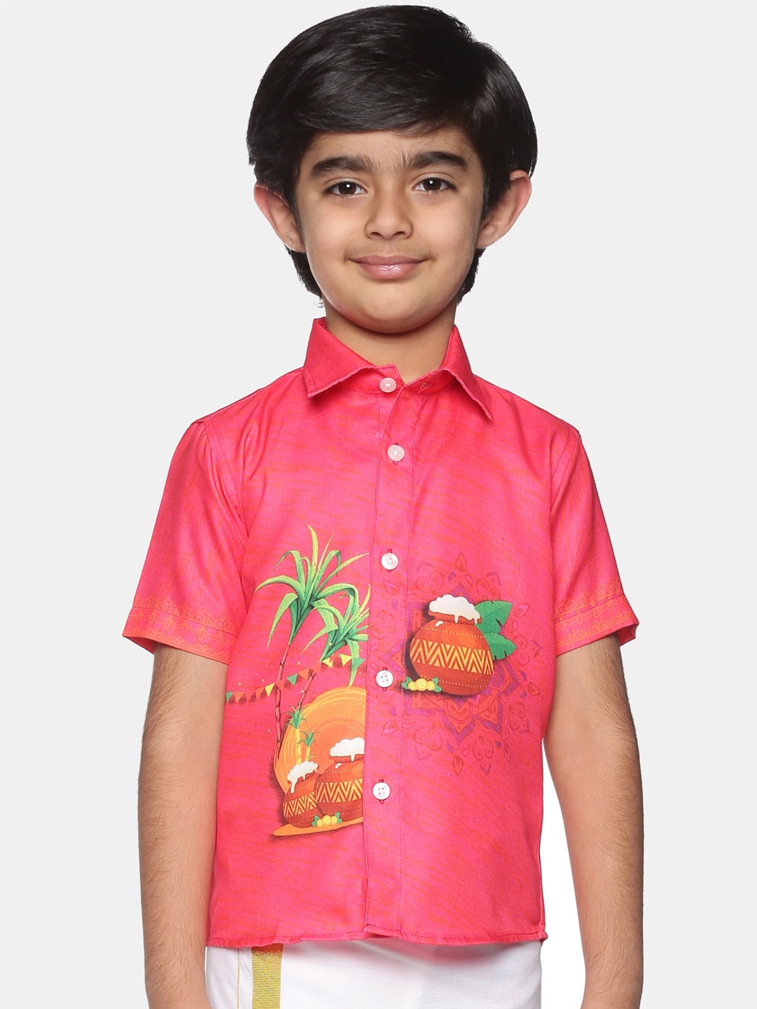 

Sethukrishna Boys Ethnic Motifs Printed Cotton Casual Shirt, Pink