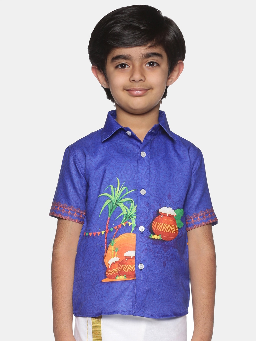 

Sethukrishna Boys Ethnic Motifs Printed Cotton Casual Shirt, Blue