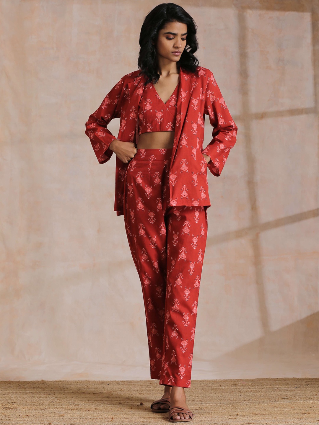

trueBrowns Printed Pure Cotton Top with Trousers & Jacket, Red