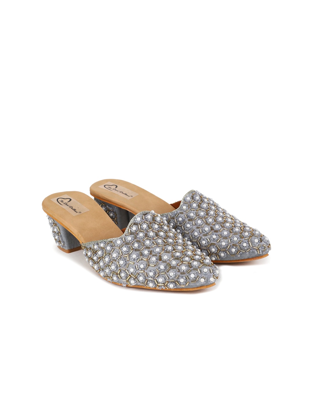 

The Desi Dulhan Women Embellished Ethnic Block Heel Mules, Grey