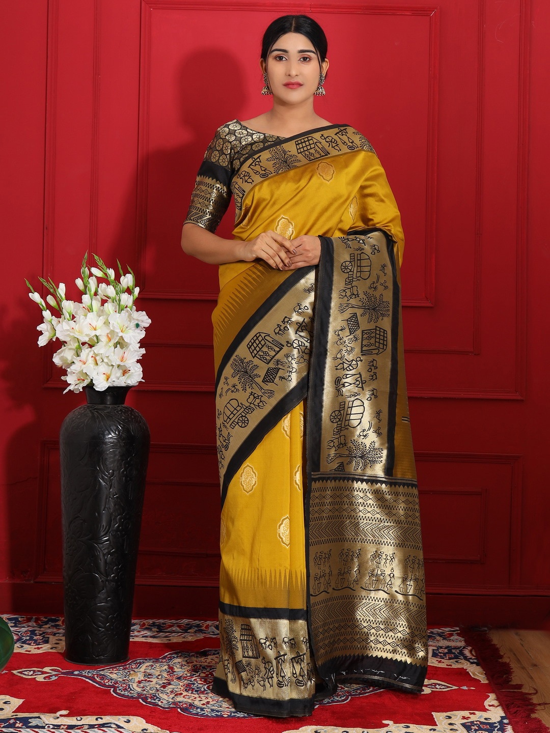 

Glemora Ethnic Motifs Zari Silk Blend Kanjeevaram Saree, Yellow