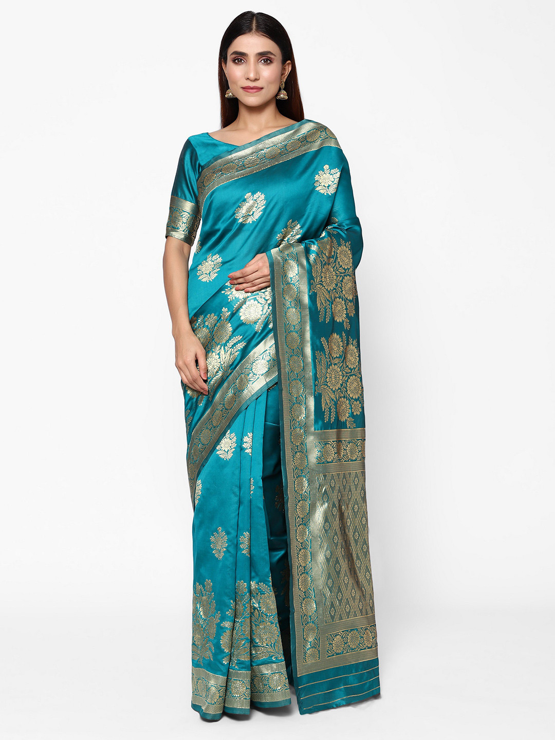 

Glemora Ethnic Motifs Woven Design Zari Silk Blend Kanjeevaram Saree, Green