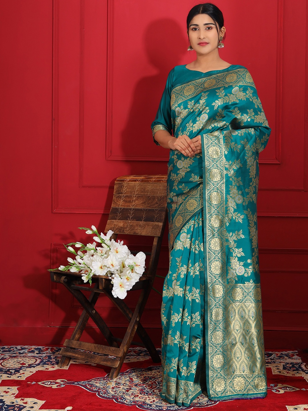 

Glemora Woven Design Zari Silk Blend Kanjeevaram Saree, Teal