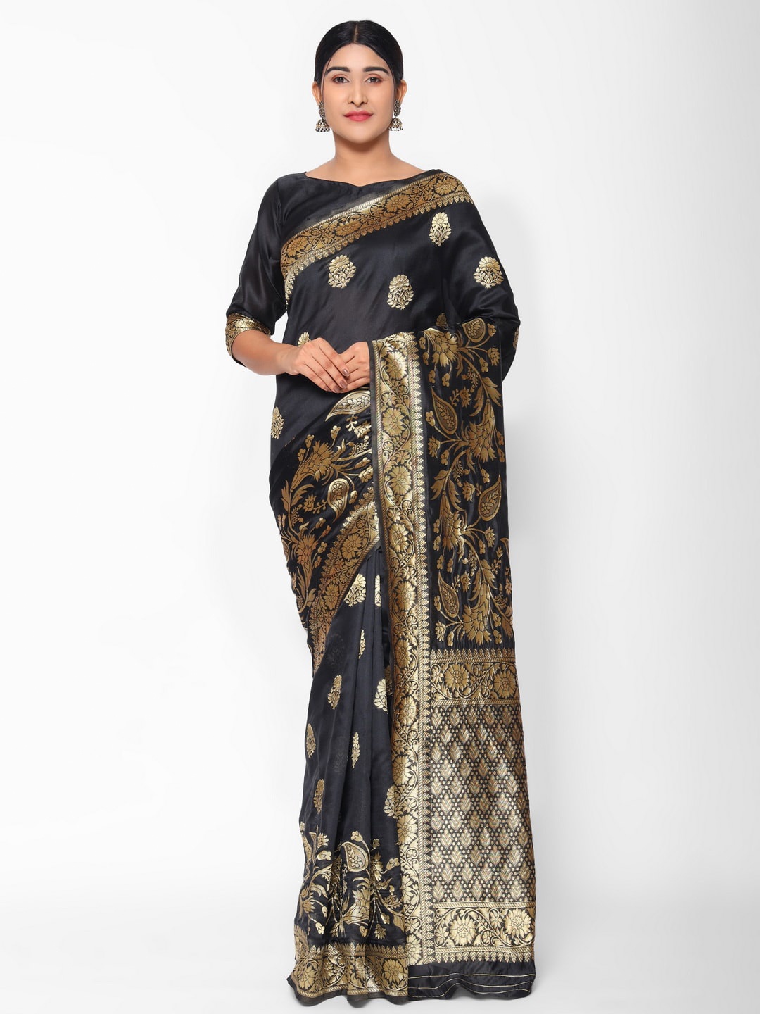 

Glemora Floral Motif Woven Design Zari Kanjeevaram Saree, Black