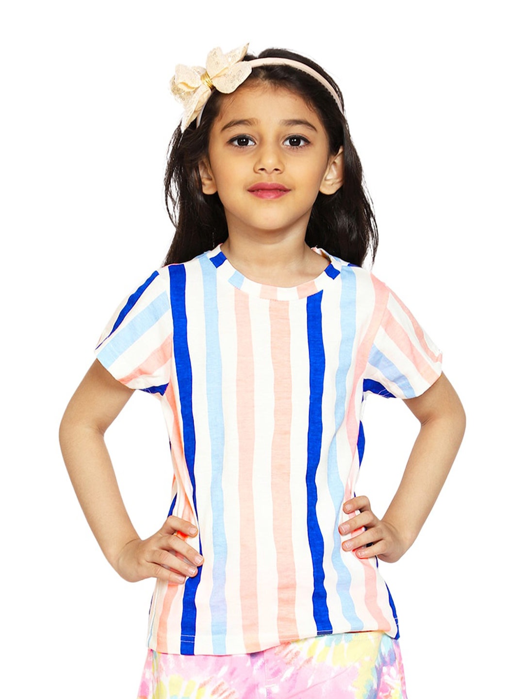 

KiddoPanti Girls Striped Cotton T-shirt, Blue