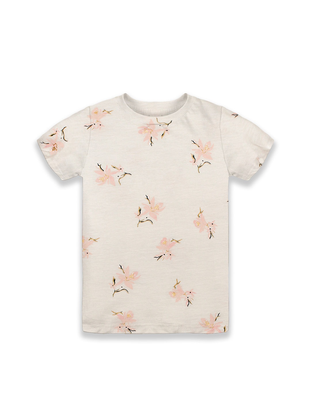 

KiddoPanti Girls Floral Printed Pure Cotton T-shirt, Off white