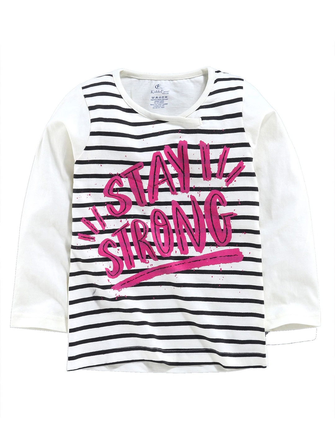 

KiddoPanti Girls Typography Printed Striped Pure Cotton T-shirt, White