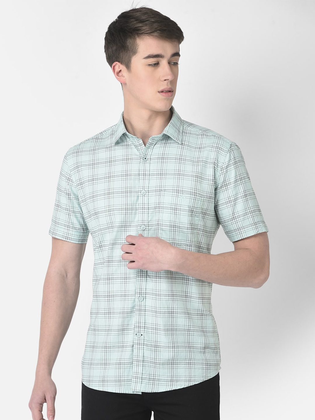 

Crimsoune Club Slim Fit Grid Tattersall Checked Pure Cotton Casual Shirt, Green