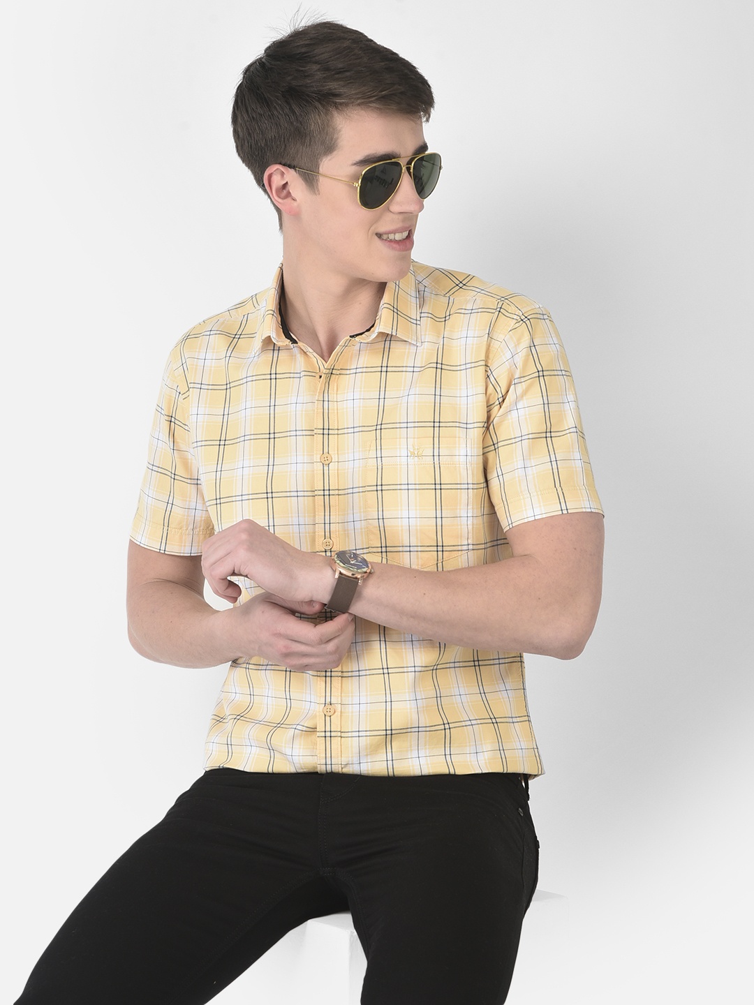 

Crimsoune Club Short-Sleeved Slim Fit Tartan Checked Casual Cotton Shirt, Yellow