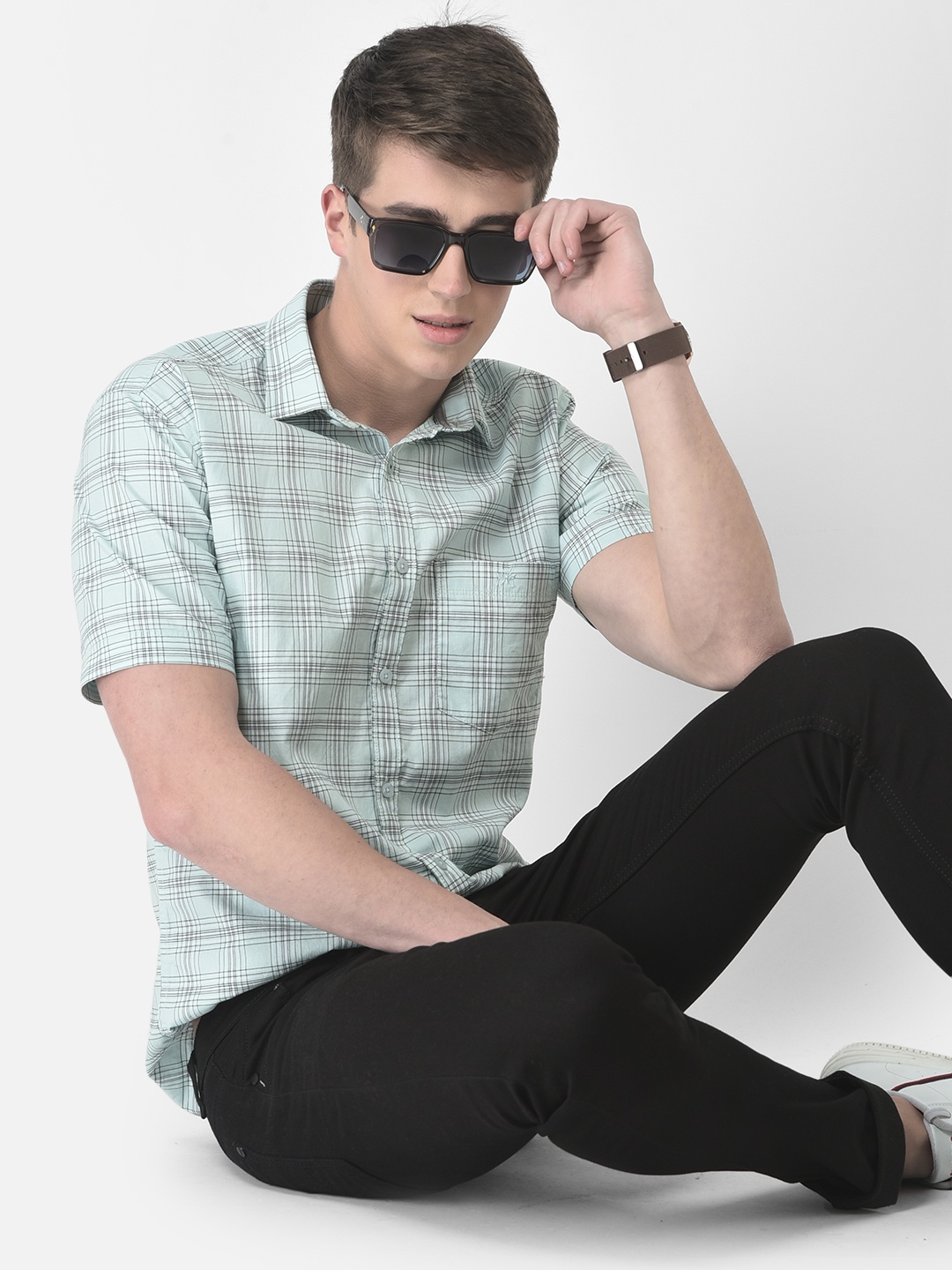 

Crimsoune Club Men Slim Fit Checked Casual Pure Cotton Shirt, Sea green