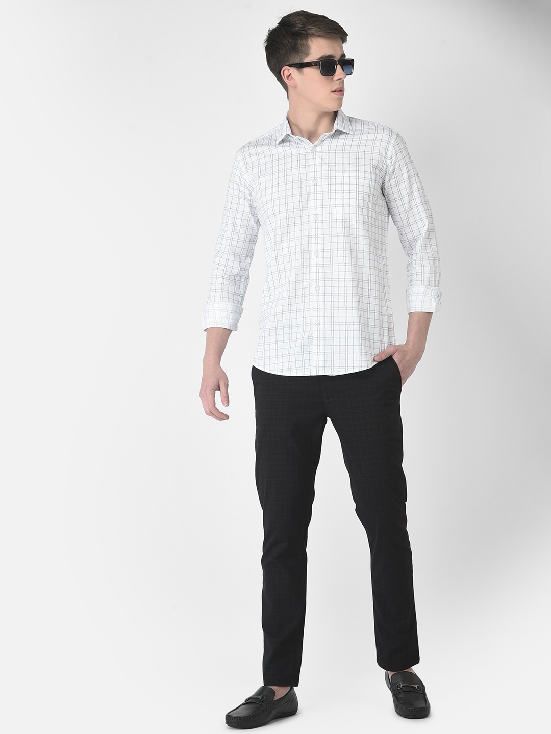 

Crimsoune Club Men Plus Size Slim Fit Dot Checked Cotton Casual Shirt, White