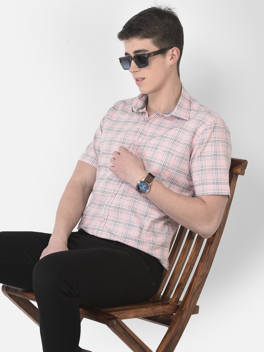 

Crimsoune Club Men Slim Fit Tartan Checked Cotton Casual Shirt, Pink